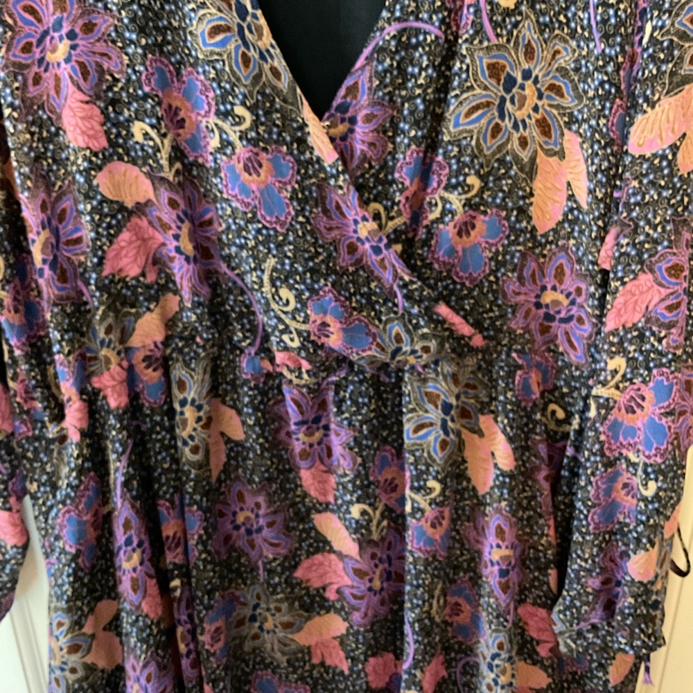 Free People Faux Wrap Dress Purple Floral M Boho Peasant Hippie Festival - Picture 4 of 10